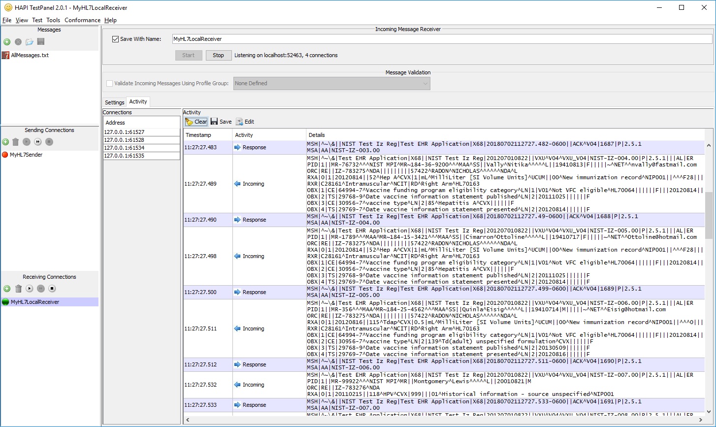 HAPI Test Panel Sending Multiple Messages
